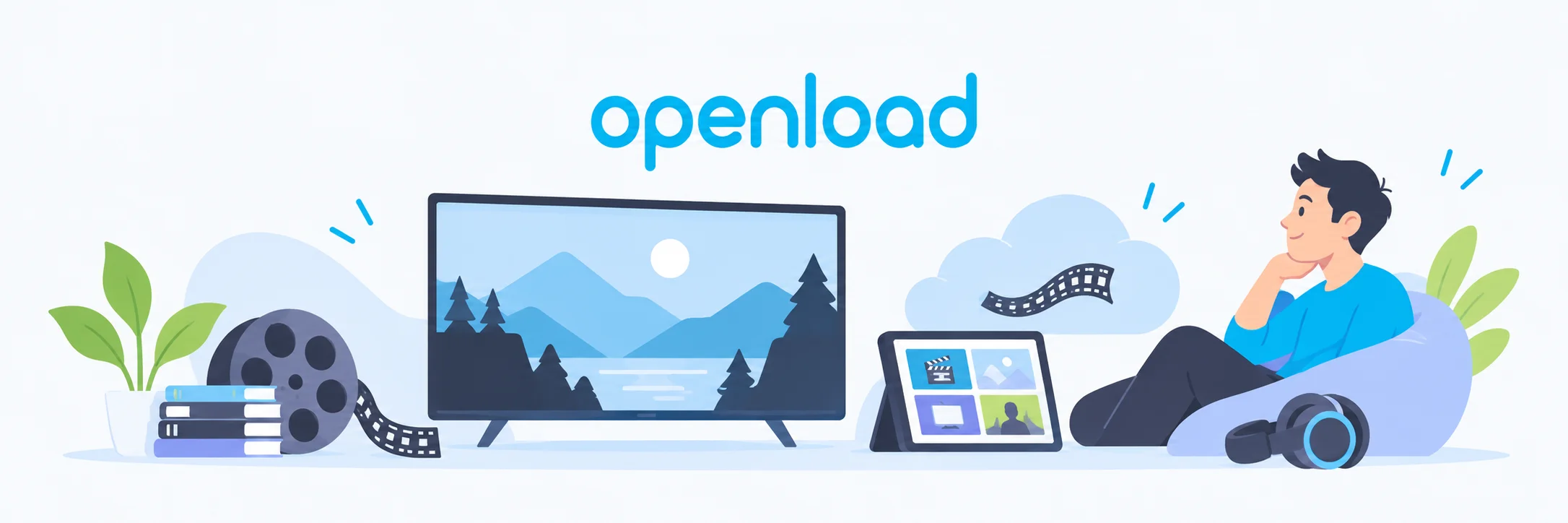 Openload in cyan beside a viewer, a movie screen and illustrated cinema details